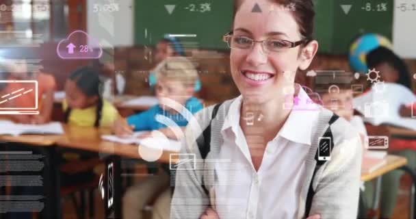 Animation Caucasian Female Teacher Group Schoolchildren Learning School Clouds Numbers — Stock Video