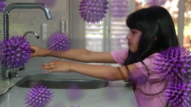 Lavaboda Ellerini Yıkayan Bir Kızın Üzerine Yayılan Makro Koronavirüs Covid — Stok video