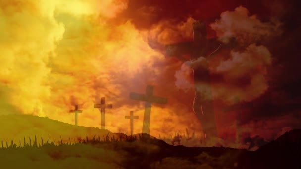 Animação Seis Cruzes Cristãs Sobre Nuvens Laranja Que Movem Movimento — Vídeo de Stock