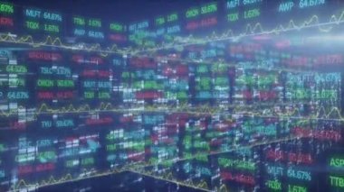 Borsa görüntülerinin rakamlar ve grafiklerle canlandırılması, arkaplandaki veri kaydı ve bilgisayar sunucuları üzerinden borsada fiyat yükselmesi ve düşmesi. 