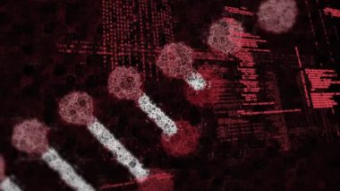 Arka planda veri işleme üzerinde kusursuz bir döngü içinde dönen üç boyutlu çift sarmal DNA ipliği animasyonu. Küresel biyoloji araştırma bilimi konsepti dijital olarak oluşturulmuş görüntü.