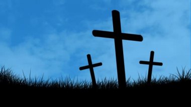 Üç Hristiyan haçının siluetinin animasyonu bulutların üzerinden hızlı hareket ederek ve arka planda çayırda hareket ediyor. Paskalya dini kavramı dijital olarak oluşturulmuş görüntü.