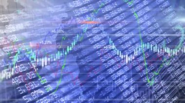 Borsa görüntülerinin yeşil ve mavi borsa numaraları ve grafikleriyle canlandırılması, borsa kayıtlarında kırmızı zemin üzerindeki fiyat artışı ve düşüşü.