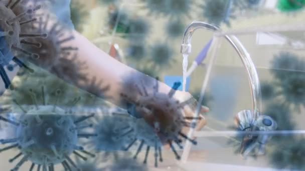 Анимация Макрокоронавируса Covid Распространяющегося Человека Фартуке Моющего Руки Медицина Пандемия — стоковое видео