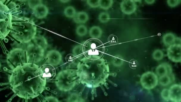 暗い背景に動く人々のアイコンとの接続のネットワーク上に広がるマクロコロナウイルスCovid 19細胞のアニメーション — ストック動画