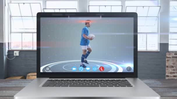 Animation Digital Display Laptop Computer Showing Life Streaming Male Rugby — Stock Video