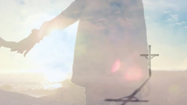 Hıristiyan Animasyonu Arka Planda Mavi Gökyüzünde Ele Tutuşan Bulutlar Güneş — Stok video