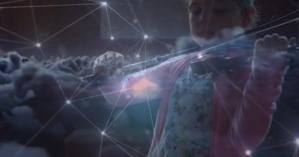 Animation Caucasian Schoolgirl Playing Violin Network Connections Data Processing Coronavirus — Stock Video