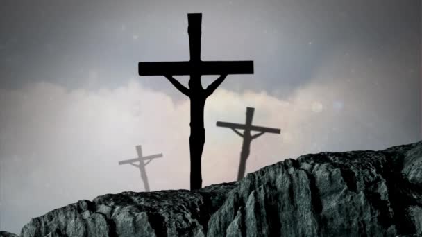 Animace Siluety Tří Křesťanských Křížení Nad Mraky Pohybující Obloze Rychlém — Stock video