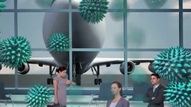 背景に窓とジェット機を備えた空港ラウンジに立っているビジネスマンに広がるマクロコロナウイルスCovid 19細胞のアニメーション — ストック動画