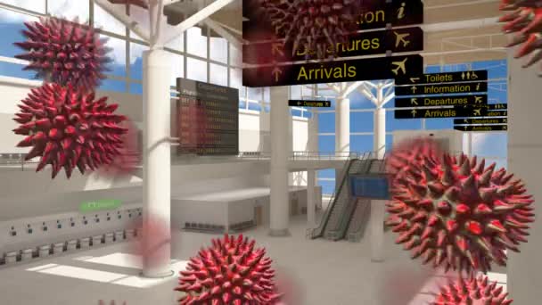 Animation Macro Coronavirus Covid Cells Spreading Empty Corridor Airport Lounge — Stock Video