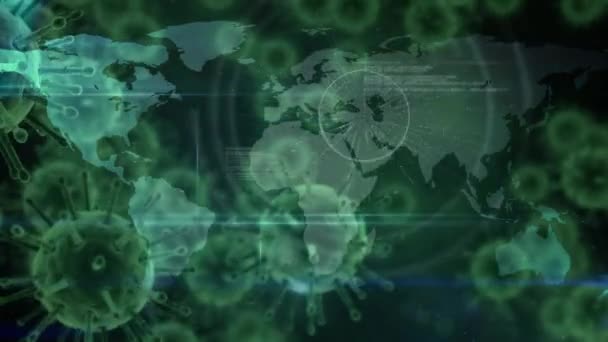 Animation de cellules de macro coronavirus Covid-19 se répandant sur un réseau de connexions avec des icônes de carte du monde et de personnes. Médecine mondiale santé publique pandémie coronavirus Covid 19 épidémie quarantaine verrouillage concept numérique composite .