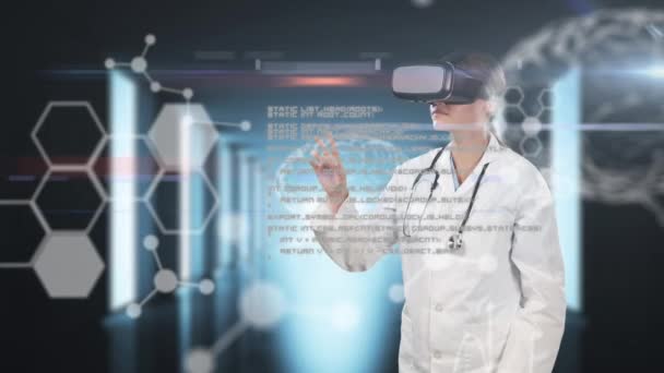 Animation Female Doctor Wearing Lab Coat Virtual Reality Headset Touching — Stock Video