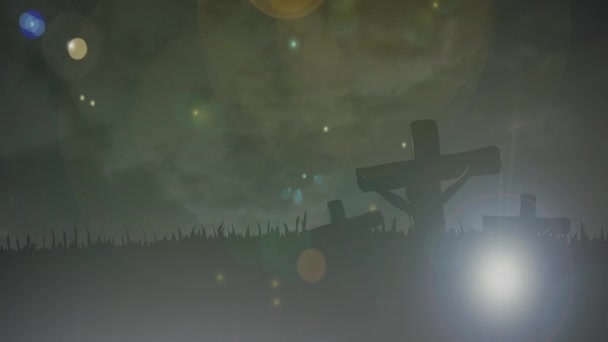 Animação Três Cruzes Cristãs Sobre Estrelas Brilhantes Movimento Nuvens Sol — Vídeo de Stock