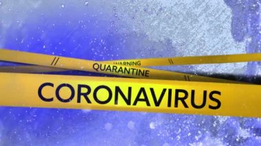 Çok sayıda alfa elementi. Renkli arkaplana yayılan sarı ve siyah bantlara yazılmış Covid-19 ve Uyarı kelimelerinin üzerine beyaz harflerle yazılmış 4 Alfa İşareti, Coronavirus Covid 19 kelimelerinin animasyonu. 
