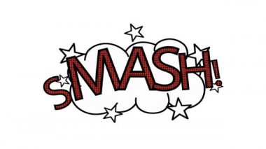 Çizgi roman baloncuklarının üzerine beyaz harflerle yazılmış 4 Alfa Comic Elementi kelimelerinin animasyonu Smash!, Lol!, Bang, Puf! Bum! Ve Splash! Beyaz arkaplanda değişiklik. 