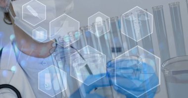 Yüz maskesi takan bir bilim adamının dijital çizimi ve arka planda tıbbi simgelerin üzerinde duran test tüpleriyle koruyucu eldivenler..