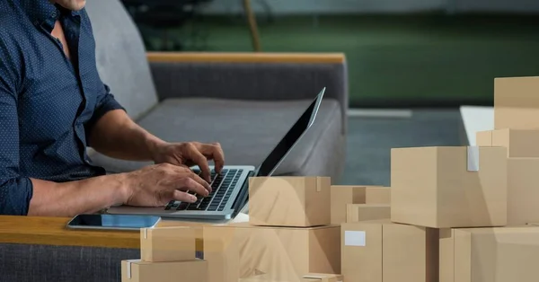 Mid Section Man Using Laptop Computer Home Shopping Line Pile — Stock Photo, Image