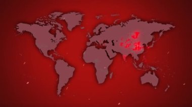 Beyaz harflerle yazılmış Covid-19 kelimesinin animasyonu dünya haritasında enfeksiyon noktalarını gösteriyor, Coronavirus Covid 19 mor arka planda yayılıyor.. 