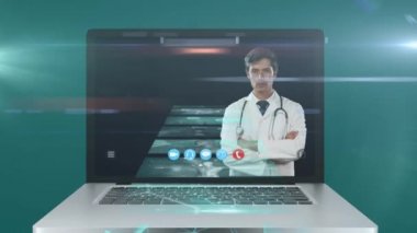 Ekranda tıbbi verilerle görüntülenen bir video görüşmesi sırasında erkek doktoru gösteren bir dizüstü bilgisayar animasyonu. Genel halk sağlığı koronavirüsü Covid 19 salgın konsepti dijital bileşik.