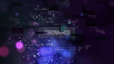 Bilimsel formüllerle yazılmış beyaz harflerle yazılmış Coronavirus el animasyonu ve spot ışıkları gowing, Coronavirus Covid 19 yayılıyor.. 