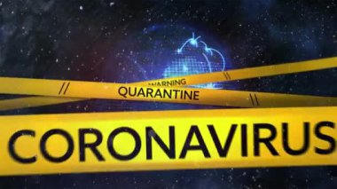 Uyarı, Karantina ve Coronavirus kelimelerinin animasyonu. Arka planda dönen sarı bant üzerine yazılmış.. 