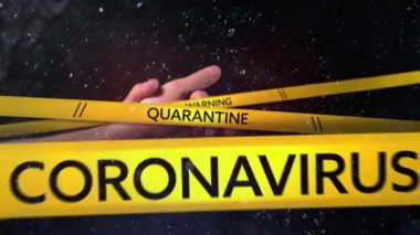 Siyah arka planda ellerini yıkayan kişinin sarı bantta yazdığı Coronavirus, Karantina ve Uyarı kelimelerinin animasyonu.