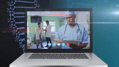 Ekranda tıbbi verilerle görüntülenen bir video görüşmesi sırasında erkek doktoru gösteren bir dizüstü bilgisayar animasyonu. Genel halk sağlığı koronavirüsü Covid 19 salgın konsepti dijital bileşik.