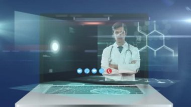 Ekranda tıbbi verilerle görüntülenen bir video görüşmesi sırasında erkek doktoru gösteren bir dizüstü bilgisayar animasyonu. Genel halk sağlığı koronavirüsü Covid 19 salgın konsepti dijital bileşik.