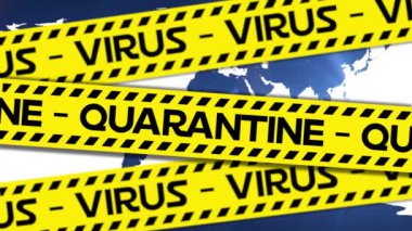 Karantina ve Virüs kelimelerinin dünya haritasında sarı ve siyah bantlara yazılmasının animasyonu. Coronavirus Covid-19 yayılıyor.. 
