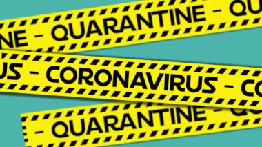 Karantina ve Coronavirus kelimelerinin yeşil arka planda sarı ve siyah bantlara yazılmasının animasyonu. Küresel salgın koronavirüs Covid 19 salgını sosyal uzaklık ve karantina tecrit konseptinde dijital olarak üretilen görüntü.