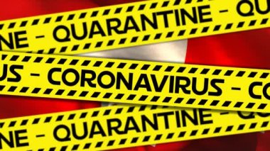 Arkaplanda İsviçre bayrağı üzerine sarı ve siyah bant üzerine yazılmış karantina ve Coronavirus kelimelerinin animasyonu. 