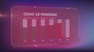 Covid-19 Salgın Küresel Borsa Çöküşü Animasyonu Mor arkaplandaki finansal verileri gösteren tablo ve istatistikler üzerinden yazıldı. 
