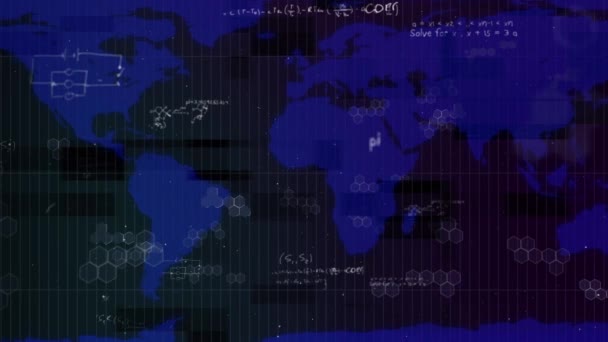 用白字书写的科学公式的动画 科维德鱼的传播 世界地图和蓝色背景的联系网络 — 图库视频影像