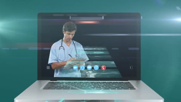 Animação Uma Tela Laptop Mostrando Médico Masculino Durante Uma Chamada — Vídeo de Stock