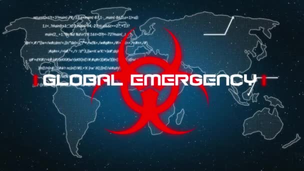 Animatie Van Woorden Global Emergency Geschreven Rode Gezondheid Gevaar Teken — Stockvideo