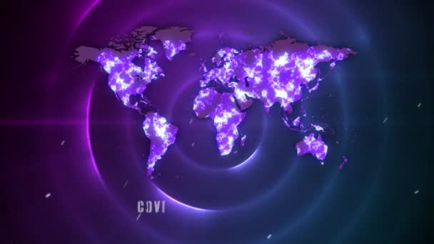 Covid 19感染という言葉のアニメーション世界地図上に白い文字で書かれた上昇 コロナウイルスCovid 19は紫色の背景に円で広がっています グローバル医療公衆衛生コロナウイルスCovidパンデミックの概念デジタル的に生成された画像 — ストック動画
