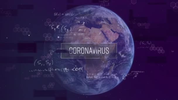 Κινούμενο Σχέδιο Της Λέξης Coronavirus Γραμμένο Λευκά Γράμματα Επιστημονικές Φόρμουλες — Αρχείο Βίντεο