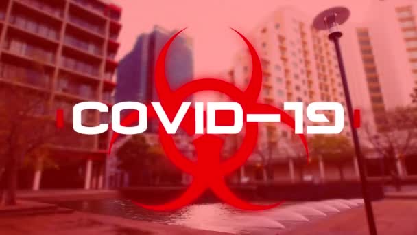 Animation Word Covid Written White Red Hazard Sign Cityscape Background — Stock Video