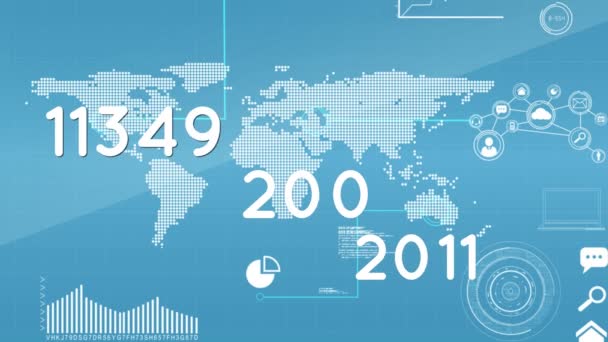Animation Numbers Growing World Map Network Connections Blue Background Global — Stock Video