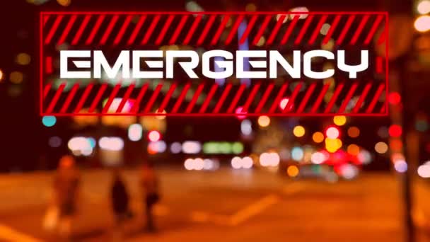 言葉のアニメーション背景の街並みの上に赤い枠に白い文字で書かれた緊急事態 医学公衆衛生パンデミックコロナウイルスCovid 19発生概念デジタル複合体 — ストック動画