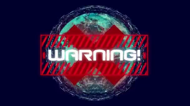 警告という言葉のアニメーション 赤い十字と青い背景に回転する地球の上に書かれています 世界的なパンデミックコロナウイルスCovid 19感染症の社会的距離と隔離ロックダウン概念における自己分離デジタル複合体 — ストック動画