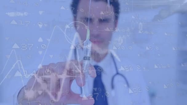 Animation Financial Data Charts Processing Male Doctor Holding Syringe Ready — Stock Video