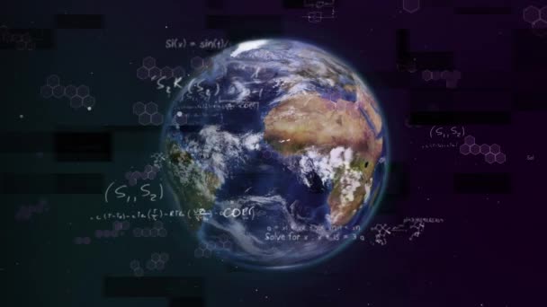 Анимация Научных Формул Написанных Белыми Буквами Вращение Глобуса Распространение Коронавируса — стоковое видео