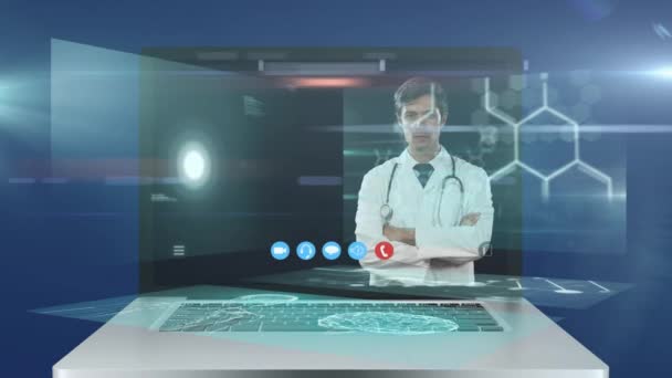 ビデオ通話中に男性医師を示すラップトップ画面のアニメーションは 医療データで画面上を呼び出します グローバル公衆衛生コロナウイルスCovid 19パンデミックコンセプトデジタル複合体 — ストック動画