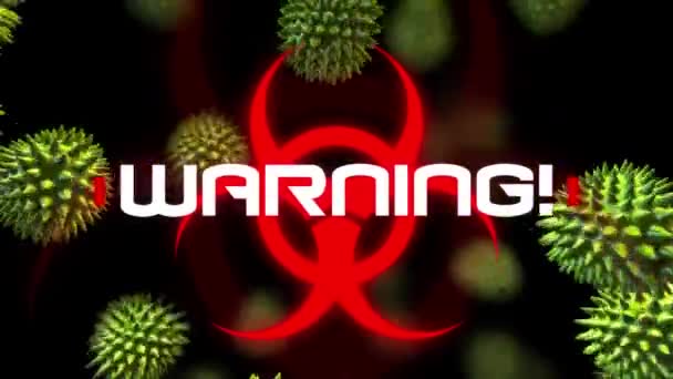 Animation Des Wortes Warnung Geschrieben Über Rotes Gesundheitsgefährdungszeichen Makro Coronavirus — Stockvideo