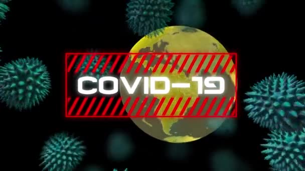 Animación Las Palabras Covid Escritas Letras Blancas Sobre Macro Coronavirus — Vídeo de stock
