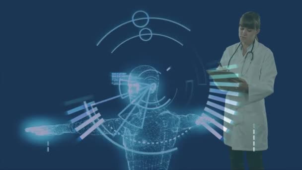Анімація Лікаря Пише Аркуші Паперів Моделі Людського Тіла Задньому Плані — стокове відео