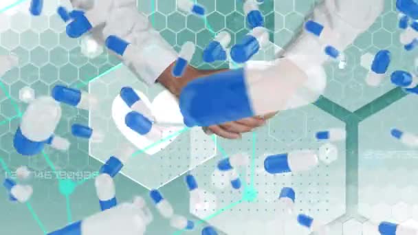 Animatie Van Handen Pillen Die Achtergrond Vallen Geneeskunde Volksgezondheidspandemie Coronavirus — Stockvideo