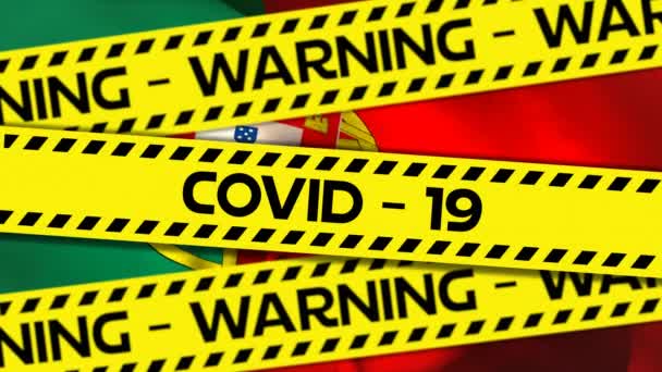 Animation Words Covid Warning Written Yellow Black Tape Portugese Flag — Stock Video